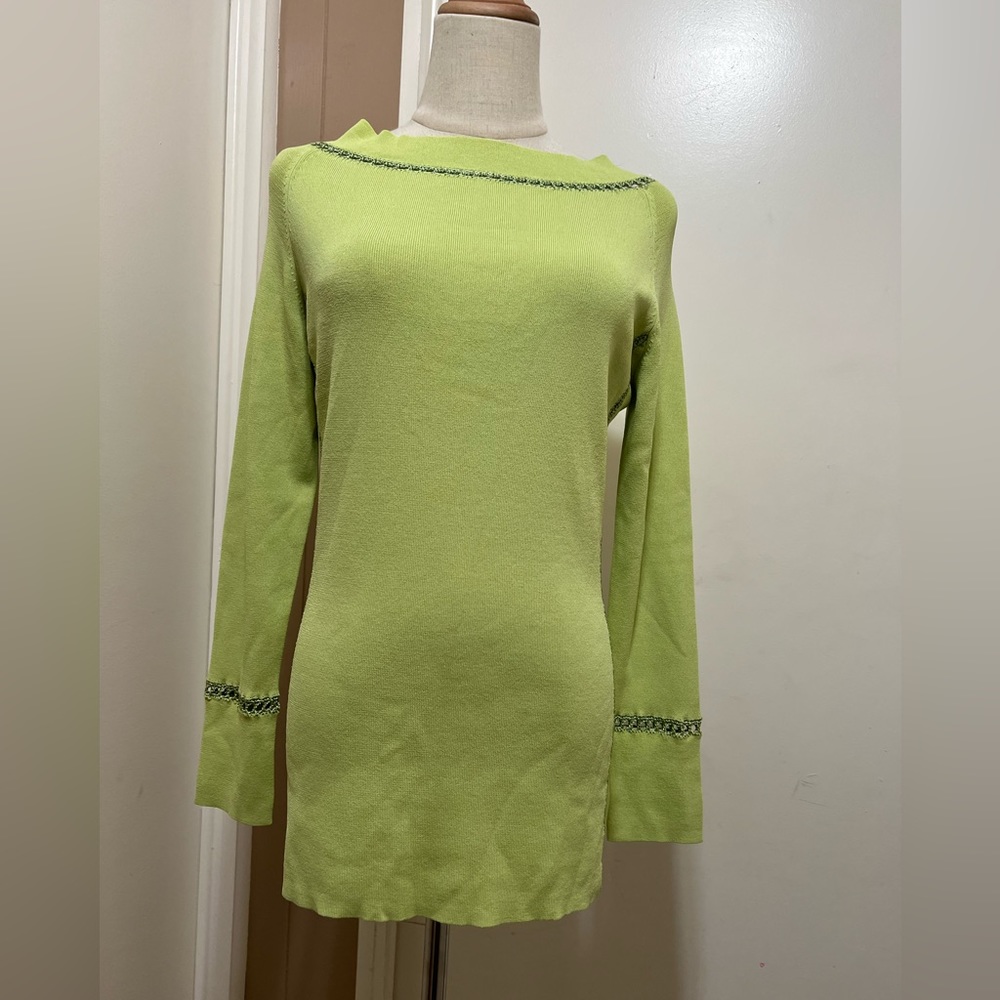 CLORINDA Green Stretch Knit Blouse Long Sleeve Top SZ M Crochet Detail Italy.